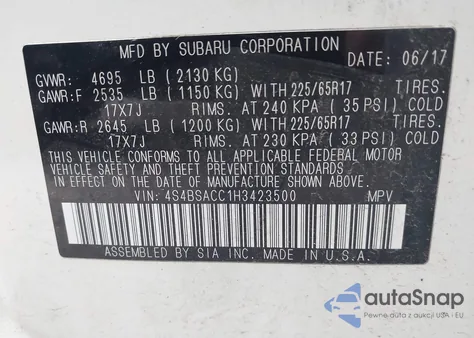 2017 Subaru Outback 2.5I Premium z USA, uszkodzony, nr VIN 4S4BSACC1H3423500